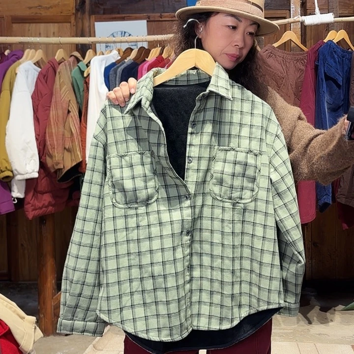 67#绿色格子衬衫女棉衬衫加绒