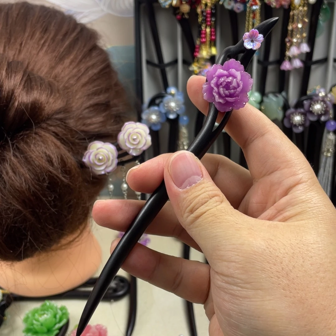 木质非金属18厘米黑檀木单簪紫色小牡丹