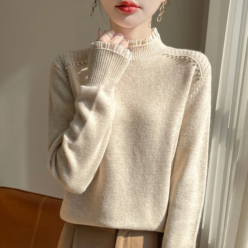 法式加厚花边蕾丝半高领毛衣女秋冬24新款钉珠保暖针织打底衫上衣