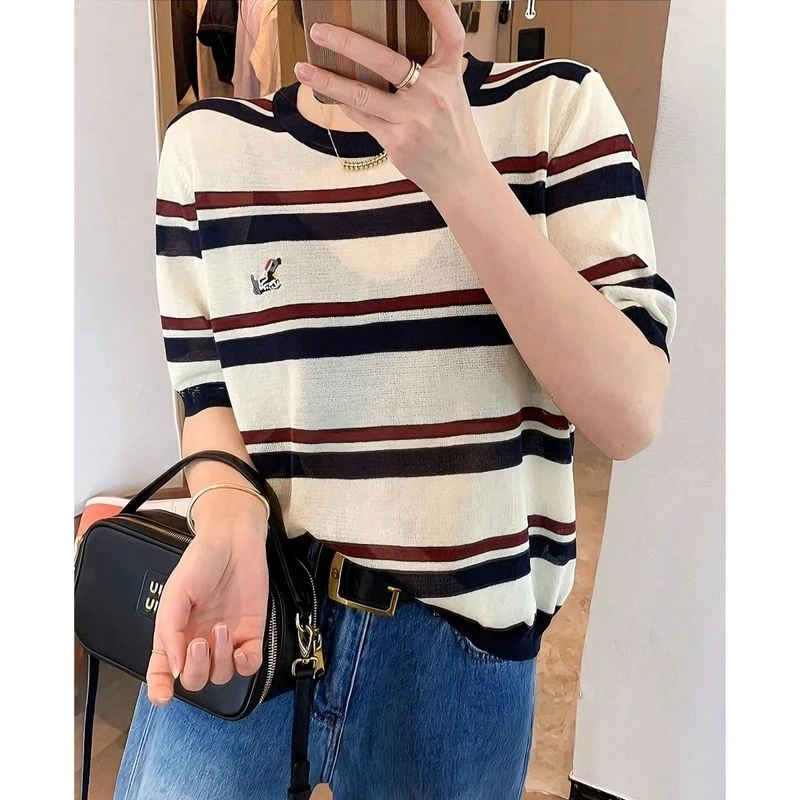 针织衫冰丝薄款多巴胺短袖小众简约小清新女装韩版洋气时尚宽松潮