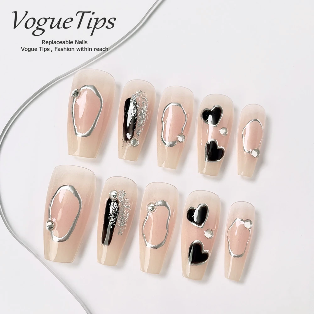 VogueTips 浪漫曲调手工穿戴甲韩式ins风裸色爱心美甲片中梯ZB522