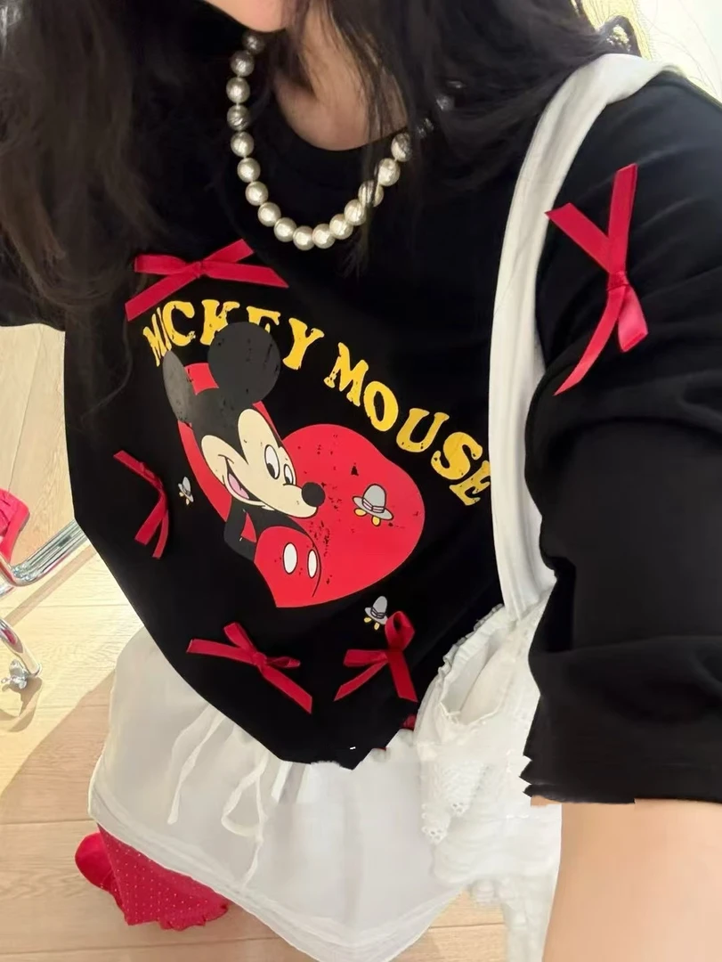 25222#【東Room】夏季休闲宽松大版蝴蝶结卡通印花T女