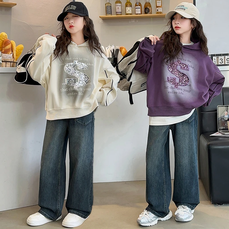 女童时尚洋气休闲套装2025新款连帽卫衣6-12岁15岁潮流百搭两件套