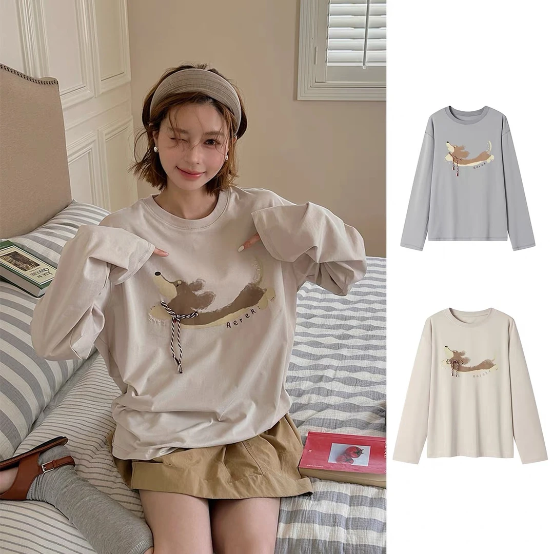 REREK/2025春夏印花圆领宽松上衣女蒲腊肠小狗印花弹力长袖T恤