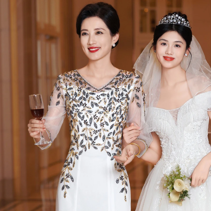 5981高端喜妈妈结婚婚宴礼服高级感奢华高定演出走秀主持人礼服裙