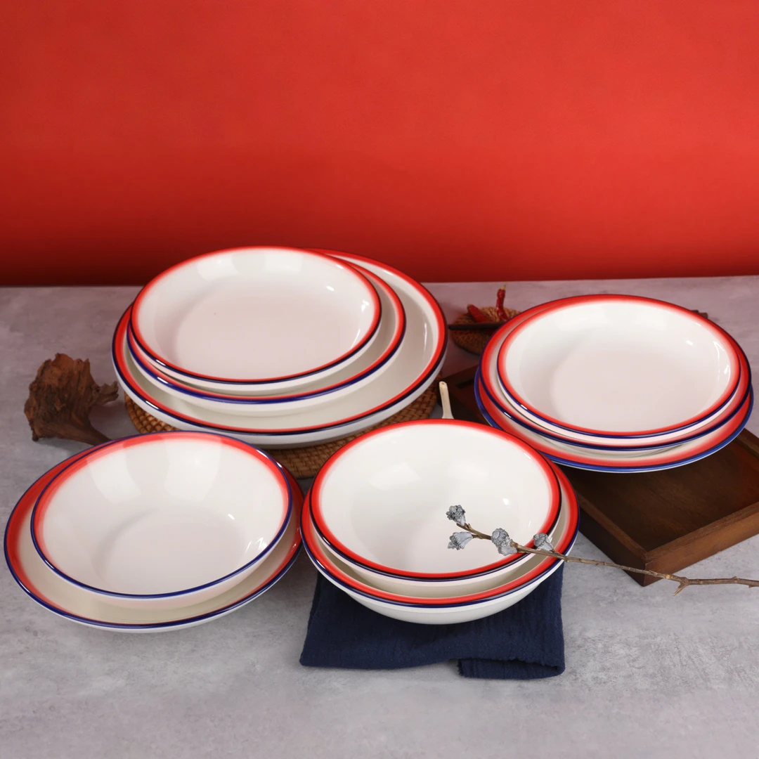 湘味土菜馆复古红边陶瓷餐具釉下彩饭店餐馆商用陶瓷圆盘