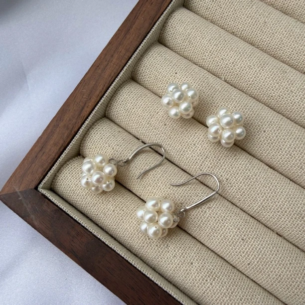天然珍珠手工编织花球耳钉耳钩s925银针（多样性发货其一）轻奢百搭