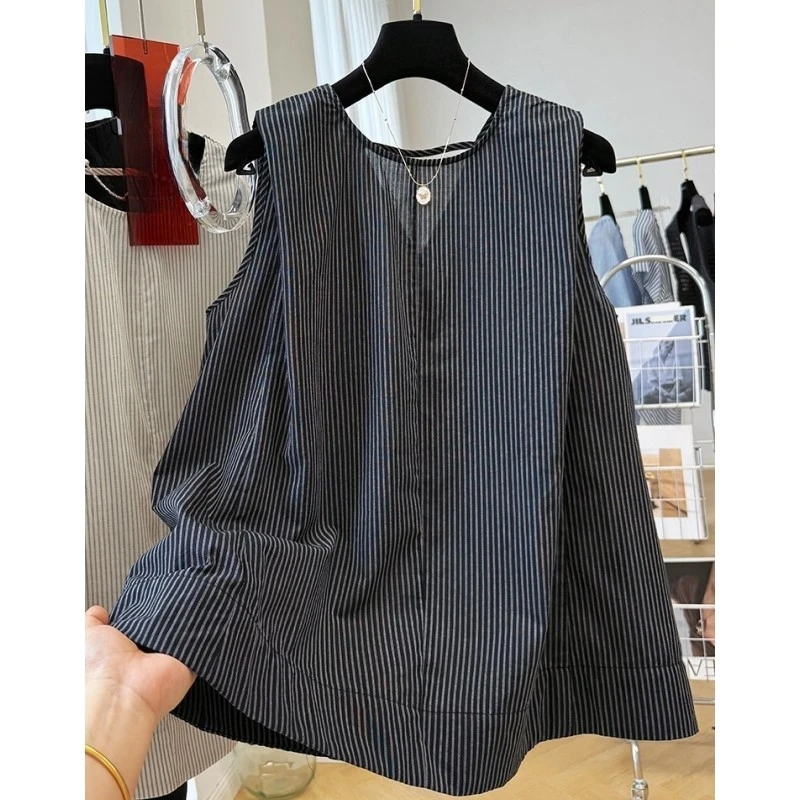 00893韩系超好看马甲背心女夏季外穿设计感A字条纹小衫无袖上衣