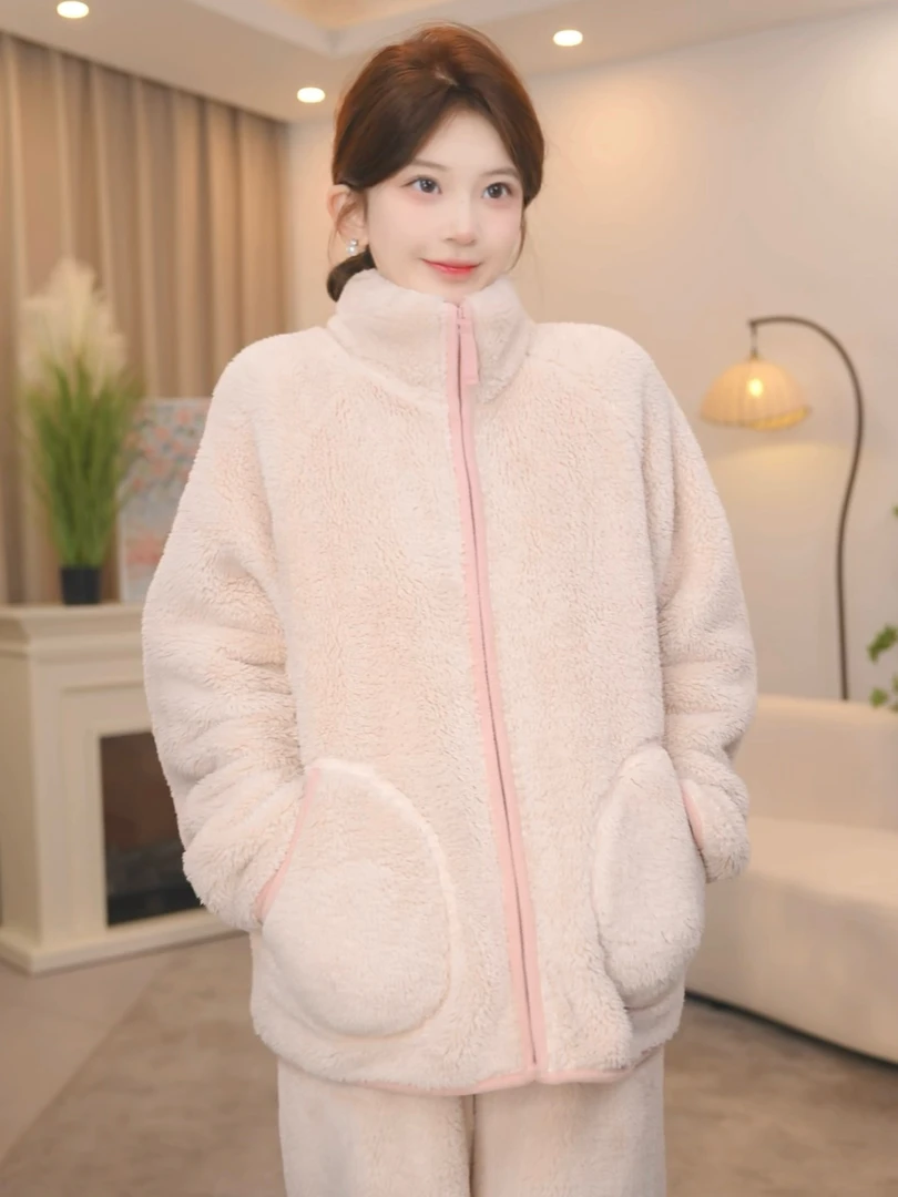 板栗小姐【暖绒立领套装】2025冬季长袖加绒加厚睡衣女套装可外穿