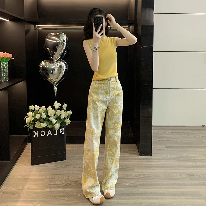 美式针织背心复古晕染花色牛仔裤套装夏季新款设计感显瘦直筒裤子