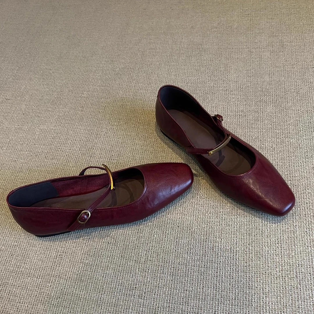 森唔~羊皮平底舒适百搭红色玛丽珍鞋一字扣真皮方头浅口通勤单鞋