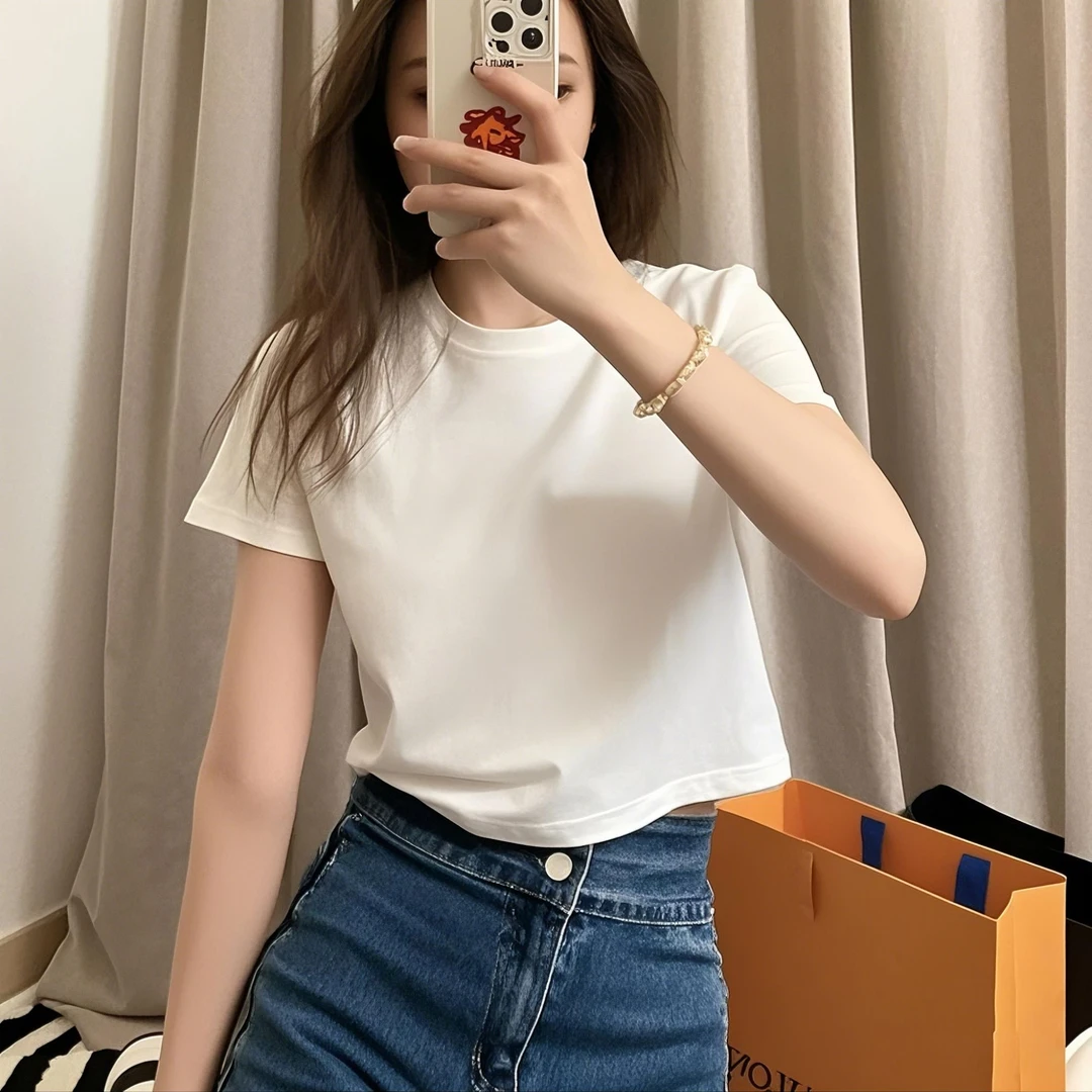 白色正肩短款短袖T恤女夏季2025新款修身紧身白t高腰露脐辣妹上衣