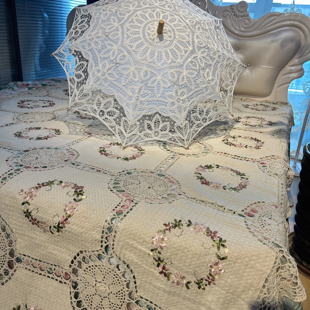 GP003-14棉质（170*260cm）米底粉橘花绿叶丝带绣床盖