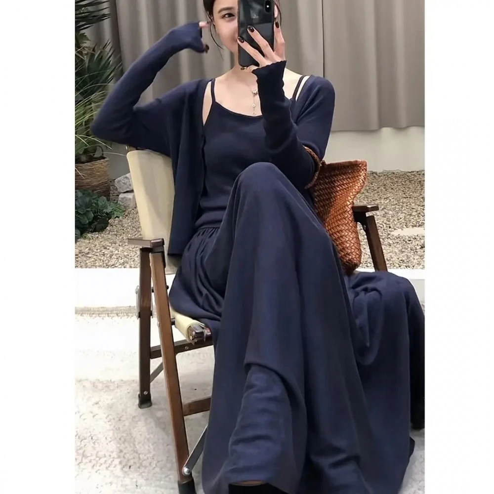 2025早秋新款韩系简约时尚百搭吊带背心长袖开衫半身裙休闲三件套