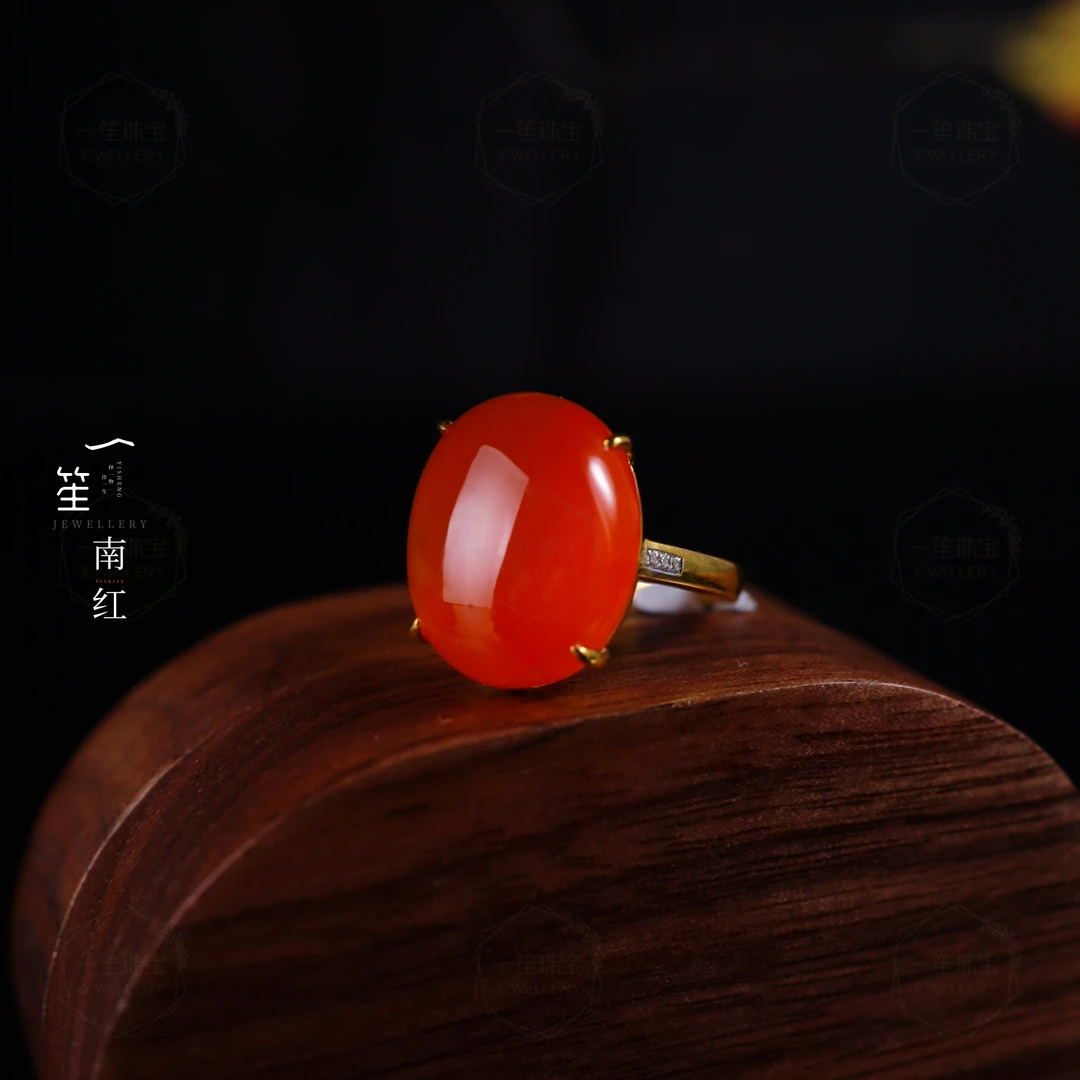 【一笙珠宝】*阡陌红尘*天然南红鸽血色蛋面戒指18k金镶嵌