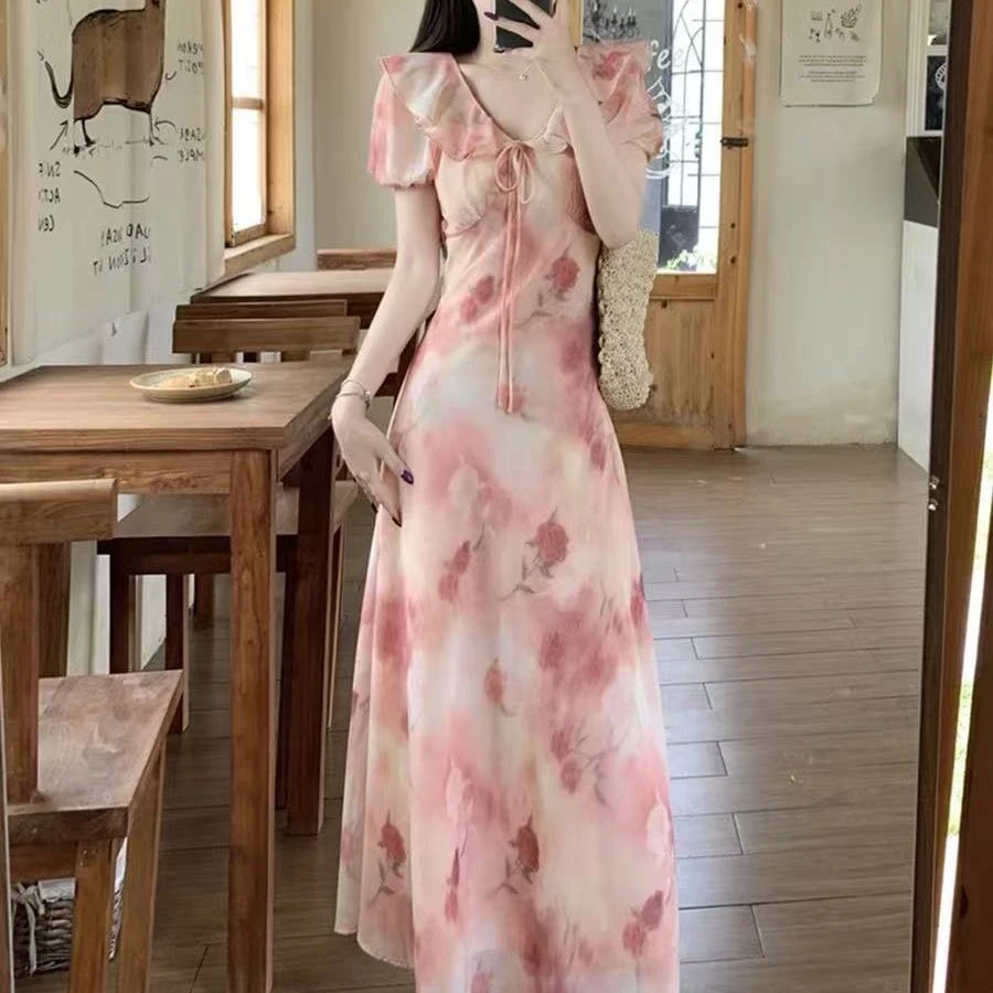 法式新款2025夏季气质长裙荷叶边领桃粉碎花连衣裙长款显瘦印花裙