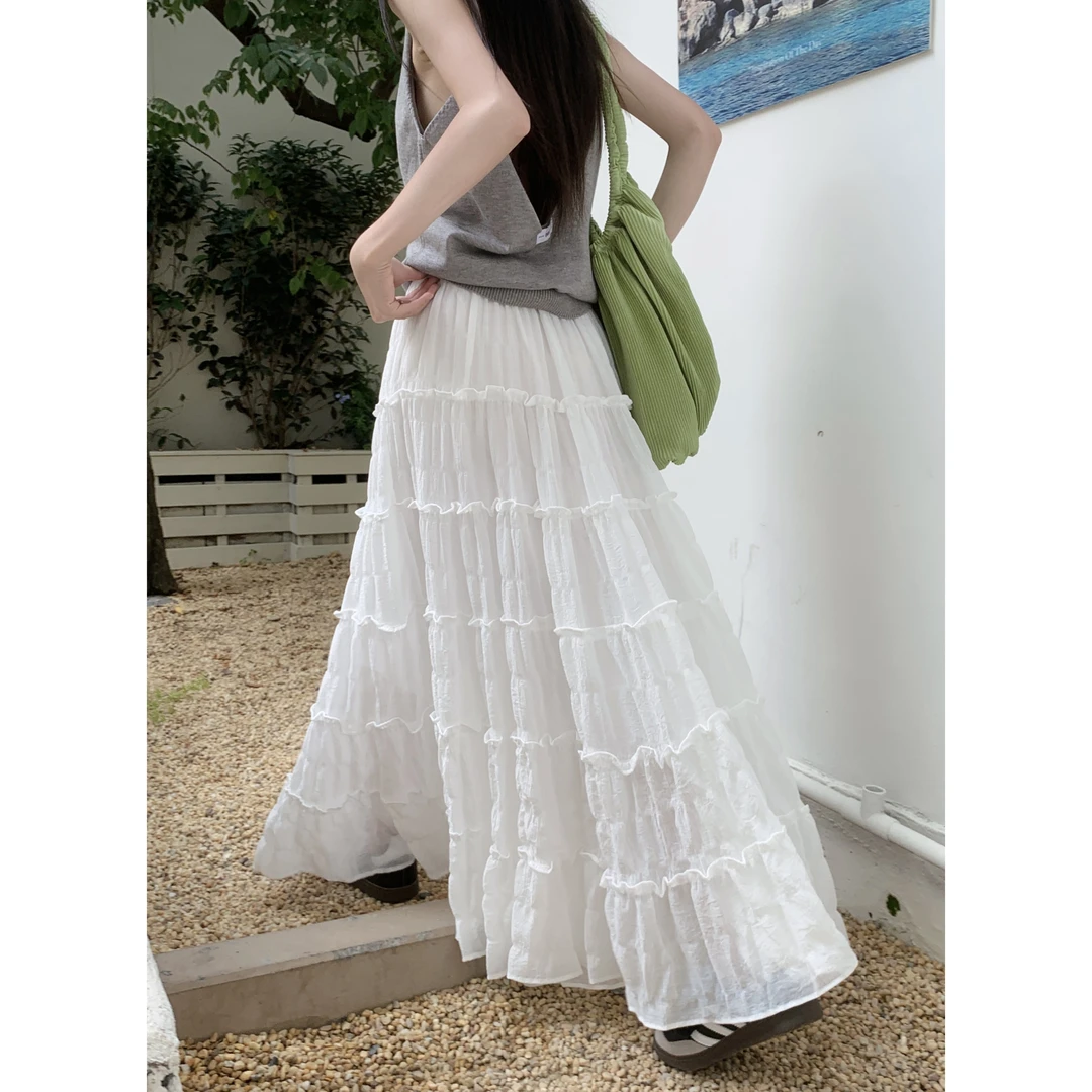 2025夏季新款韩版时尚百搭肌理感显瘦A字裙木耳边拼接蛋糕裙长裙