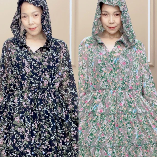 透气轻职风印花碎花连帽连衣裙宽松常规袖长袖薄款