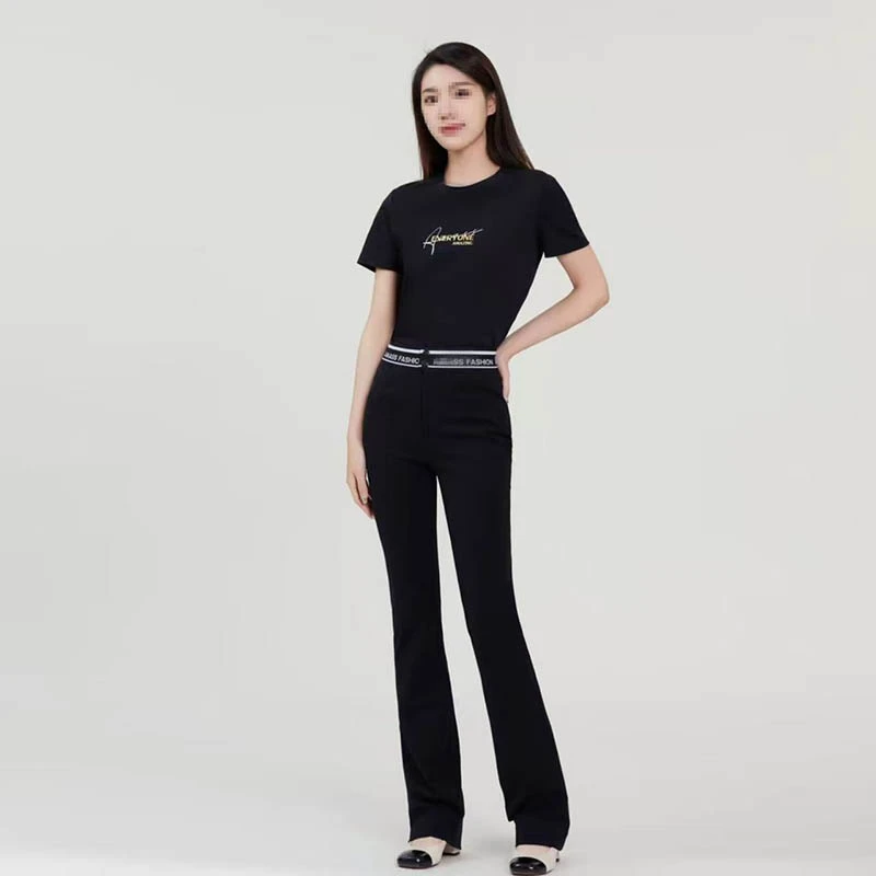 S601-S700休闲夏季字母微喇打底运动喇叭裤双裤腰简约风休闲裤