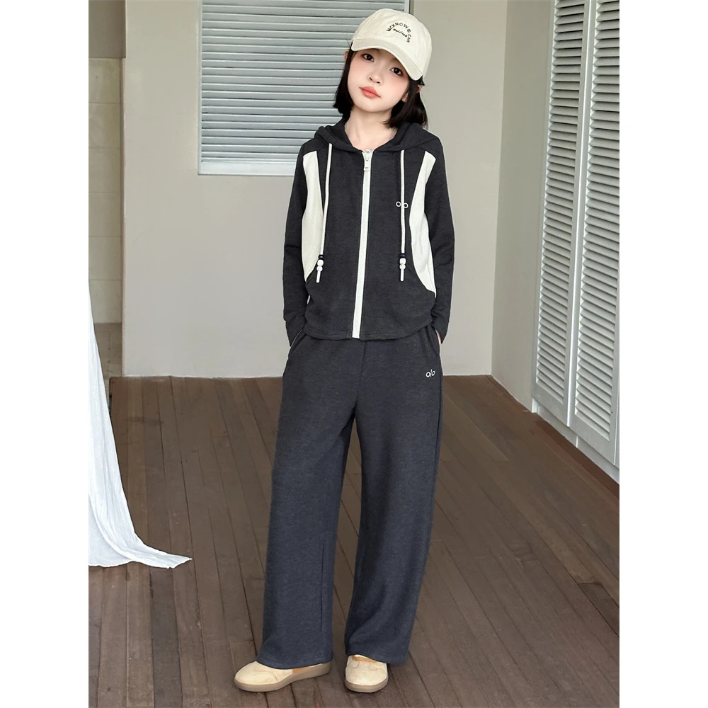 女童套装春秋装2025新款女大童时髦洋气连帽外套阔腿裤运动两件套