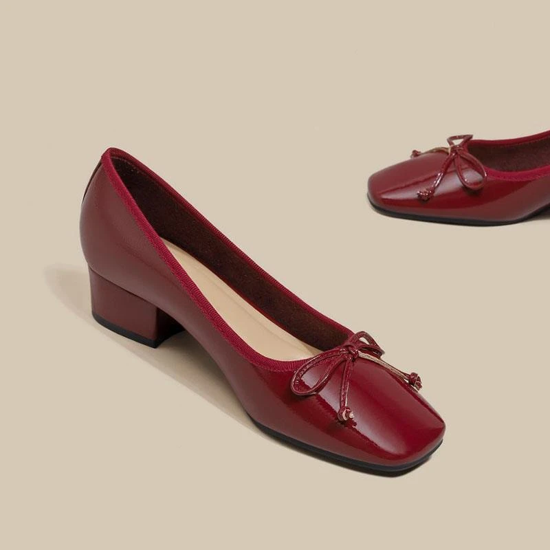 法国女方趾厚跟平底鞋酒红色蝴蝶结优雅高跟鞋不累脚浅口平底鞋