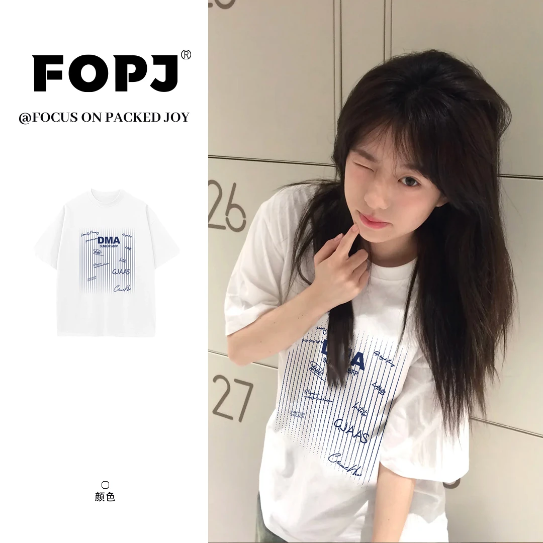 FOPJ韩系设计感白色短袖t恤休闲风字母印花宽松时尚圆领半袖上衣