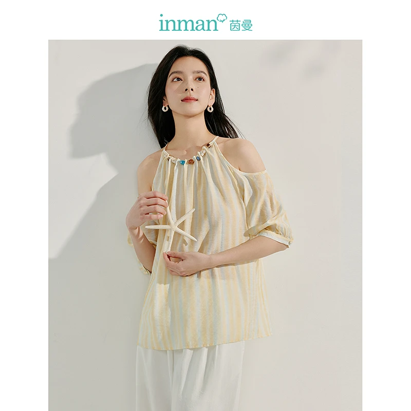 【黄蓉专属】茵曼挂脖露肩条纹印花衬衣设计感串珠上衣18525229