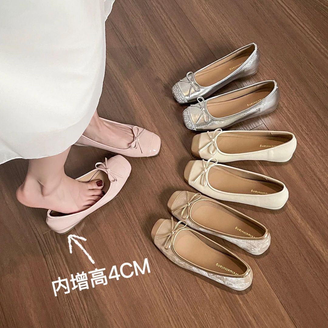 法式方头内增高套脚浅口单鞋玛丽珍时尚百搭软底蝴蝶结芭蕾舞单鞋