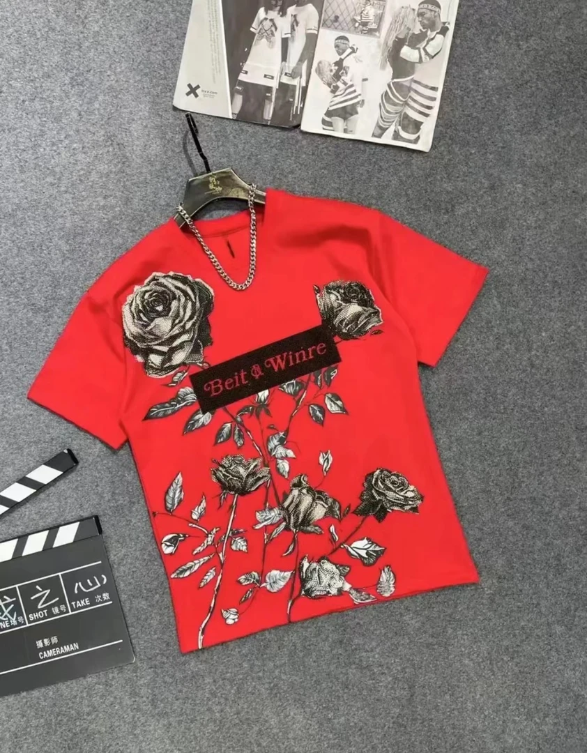 878时尚轻奢潮牌设计师休闲宽松镶钻烫钻玫瑰花圆领短袖T恤