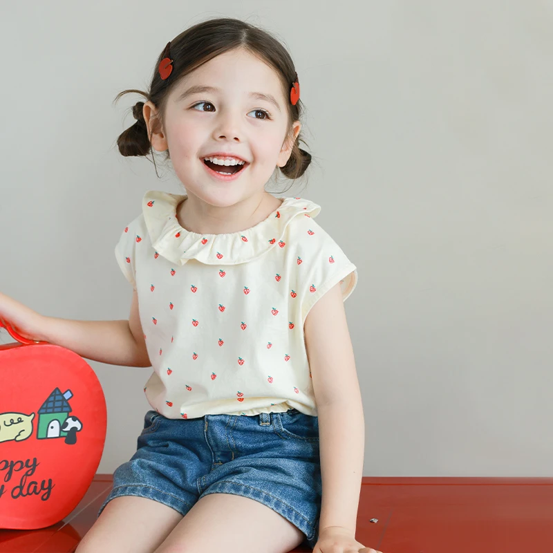 utouto大耳象女童小翻领草莓上衣2025夏季新款纯棉弹力薄2404034