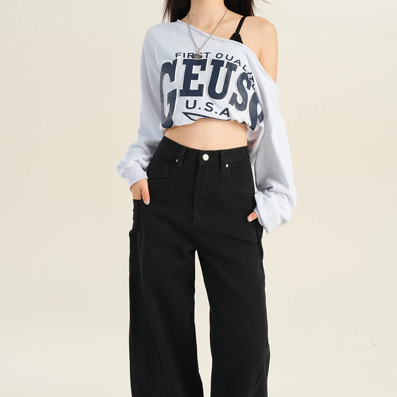 2025春夏新货美式黑色显瘦高街阔腿牛仔裤女春装新款直筒垂感镰刀