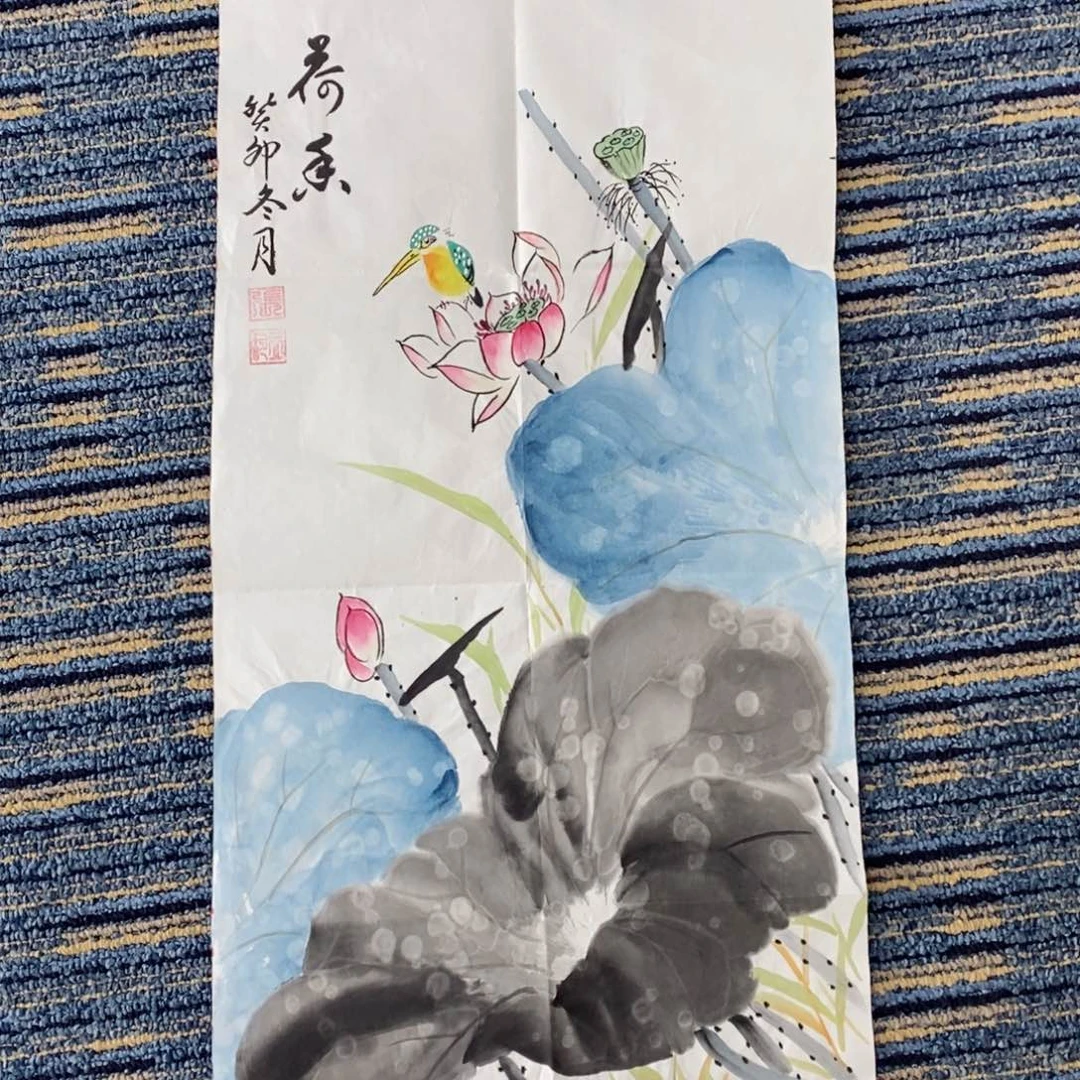 国画张永玲四尺四开花鸟朱