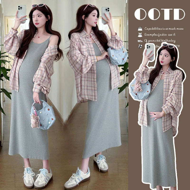 韩系小个子2025春季新款时尚减龄编织格子衬衣吊带孕妇连衣裙套装