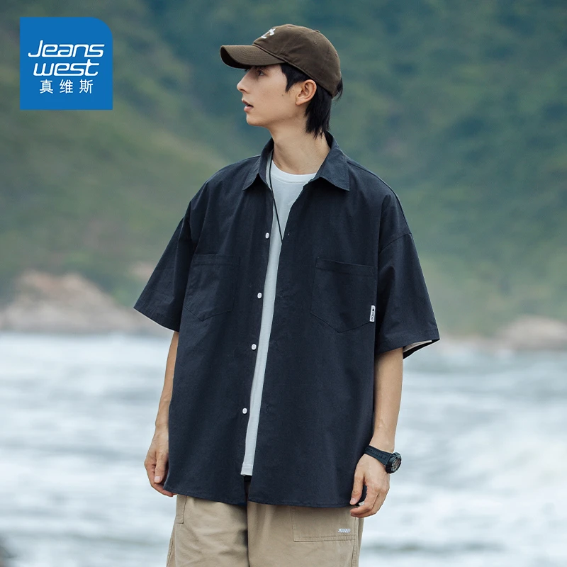 Jeanswest/真维斯户外冰丝衬衫男生夏季薄款宽松潮流休闲短袖外套