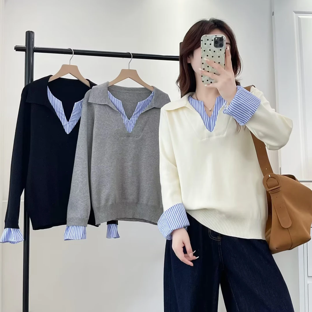 2025年秋季拼接条纹女V领针织长袖毛针织衫撞色打底衫套头翻领