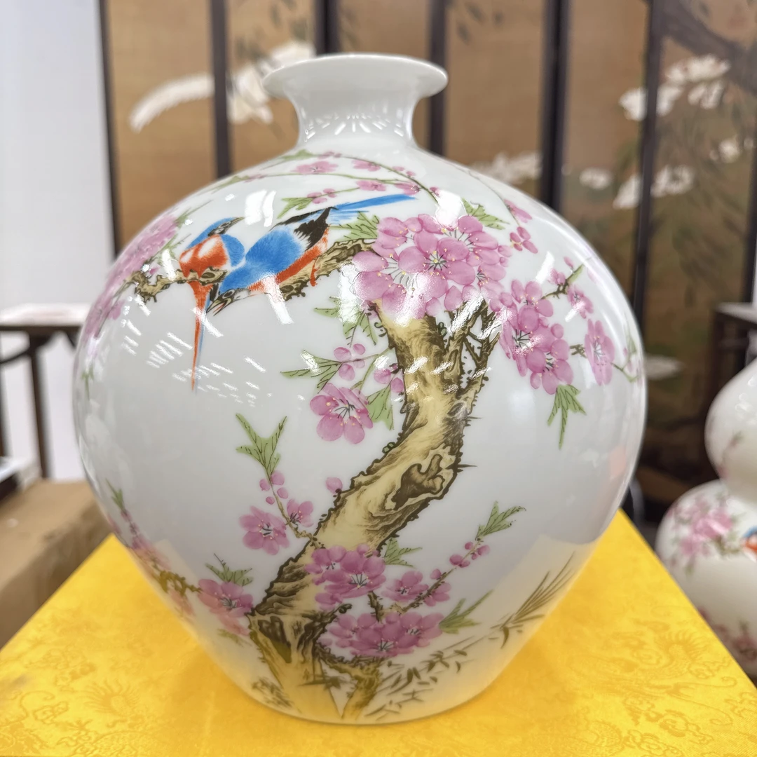 【袁氏瓷业】水点桃花球瓶+底座