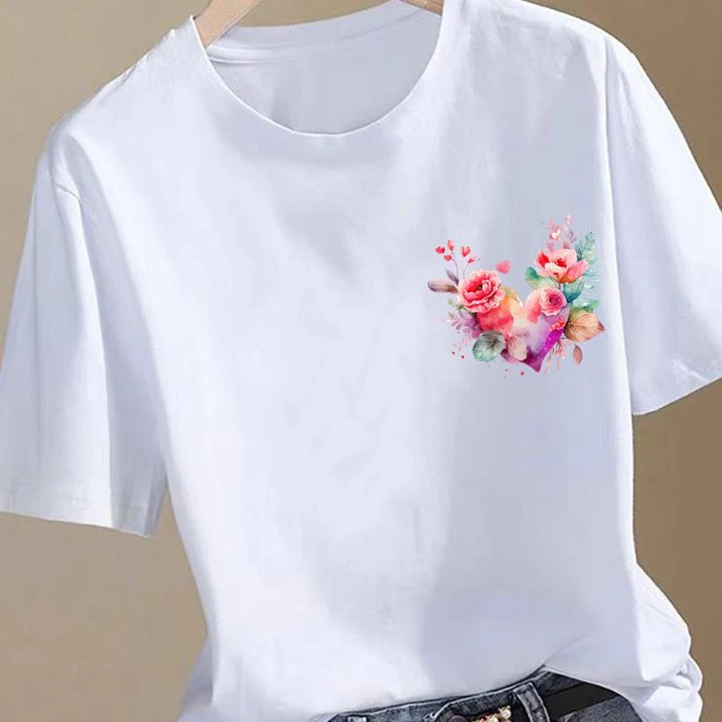时尚ins女夏季爱心花卉上衣韩版通勤短袖圆领个性休闲印花T恤