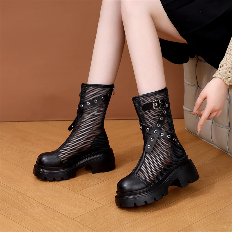 夏季中筒靴女2025新款镂空透气网纱马丁靴高跟粗跟小个子增高凉靴