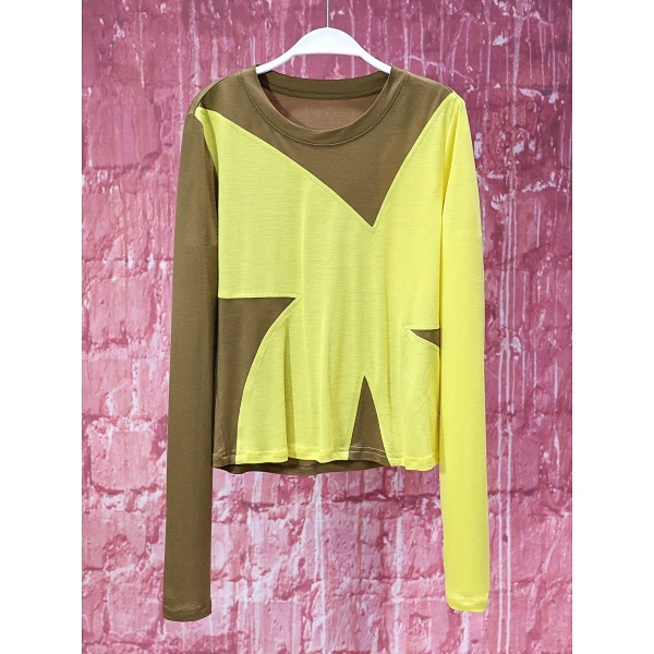 【韩哥女装】夏季黄绿色轻薄上衣撞色拼接时尚休闲冰凉感皮肤衣8709