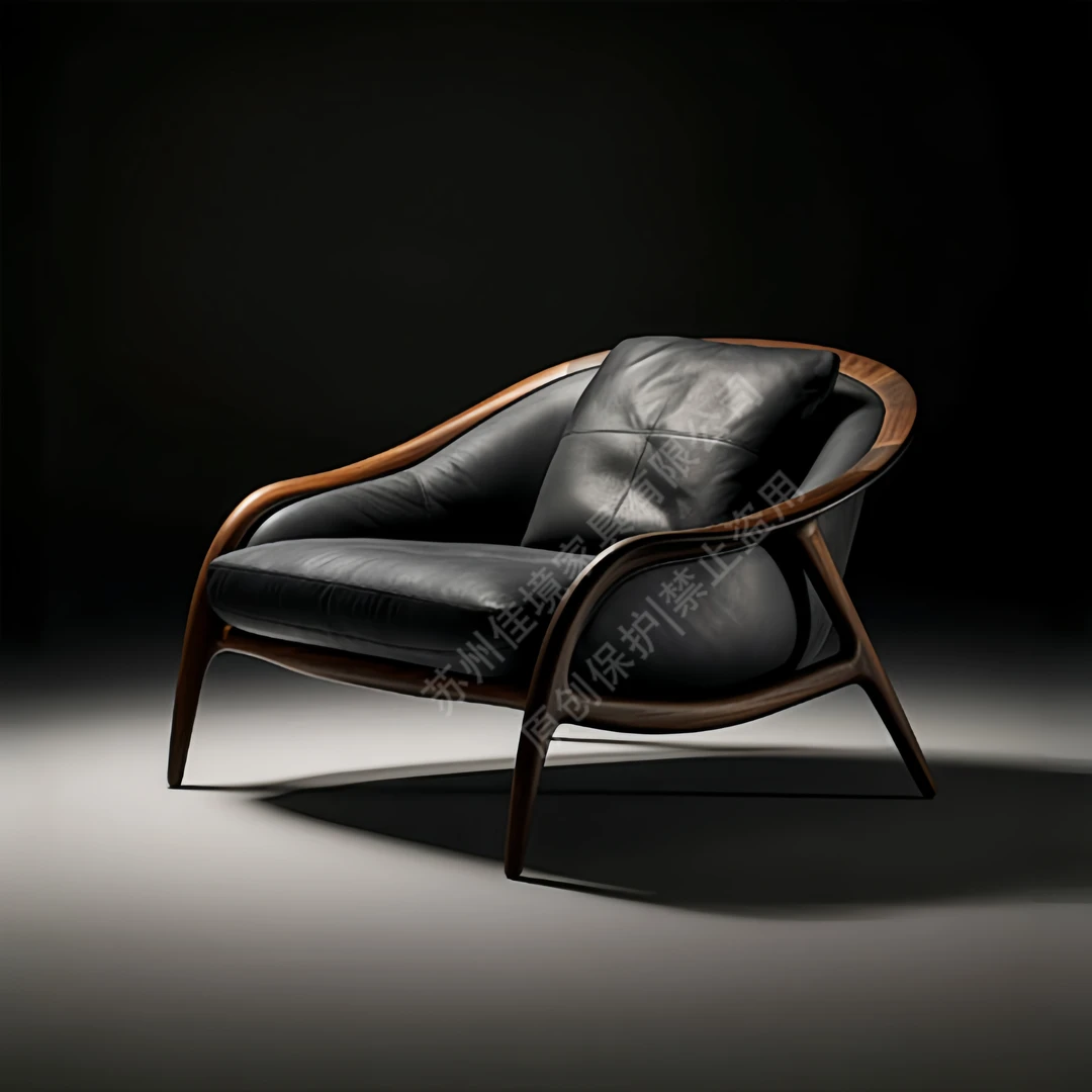 设计师款北美黑胡桃木真皮单人休闲椅意式简约客厅靠背椅