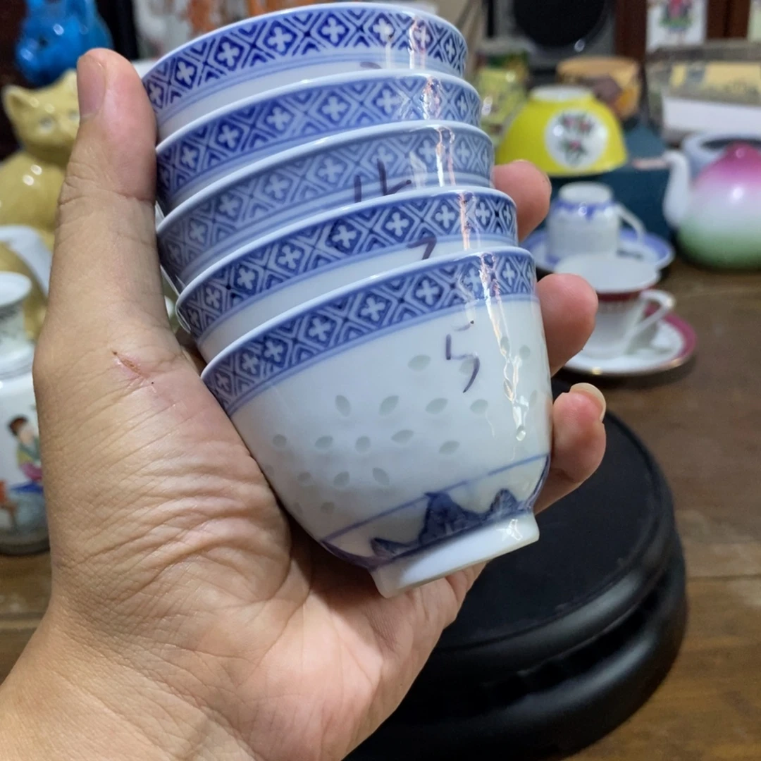 用***4摆件青花玲珑瓷杯子五只