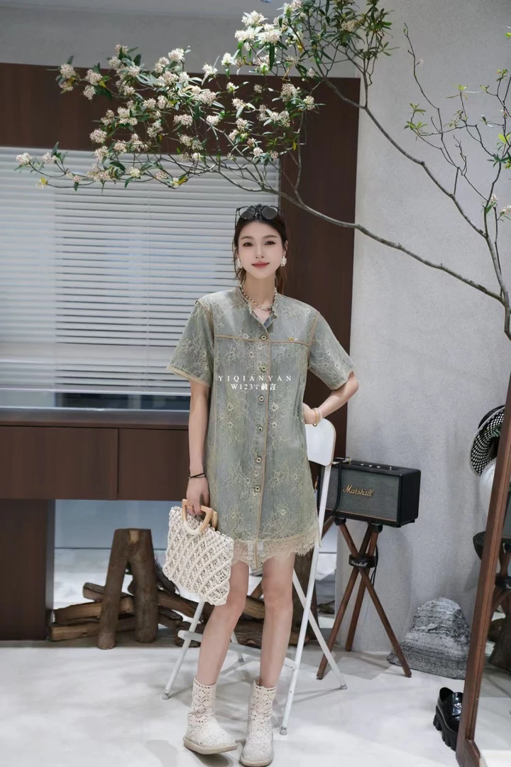 欧货正品W123新款圆领蕾丝拼接短袖t裙牛仔裙宽松显瘦中长女6162