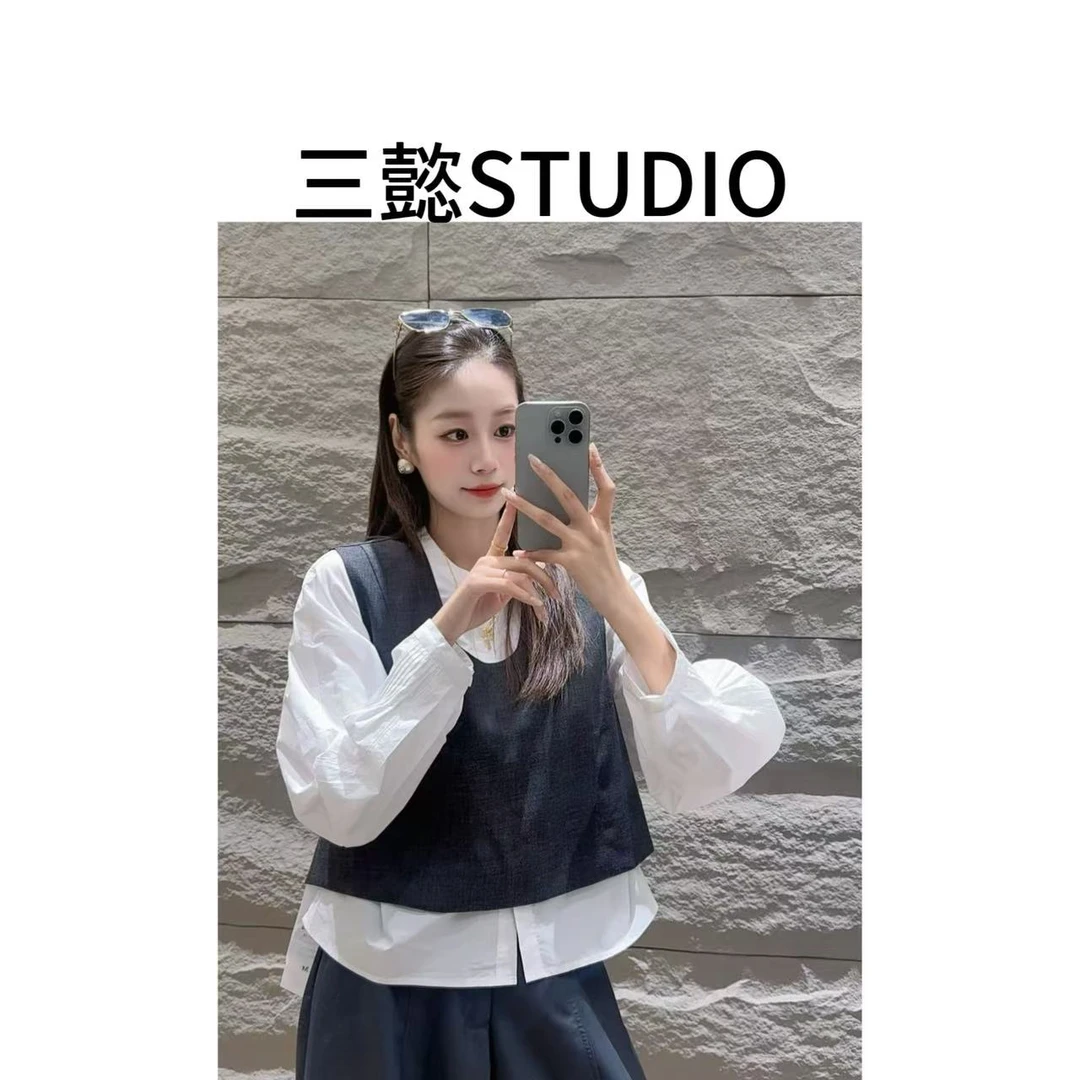 【三懿服饰】高级感叠穿长袖衬衣搭配无袖马甲两件套-6373