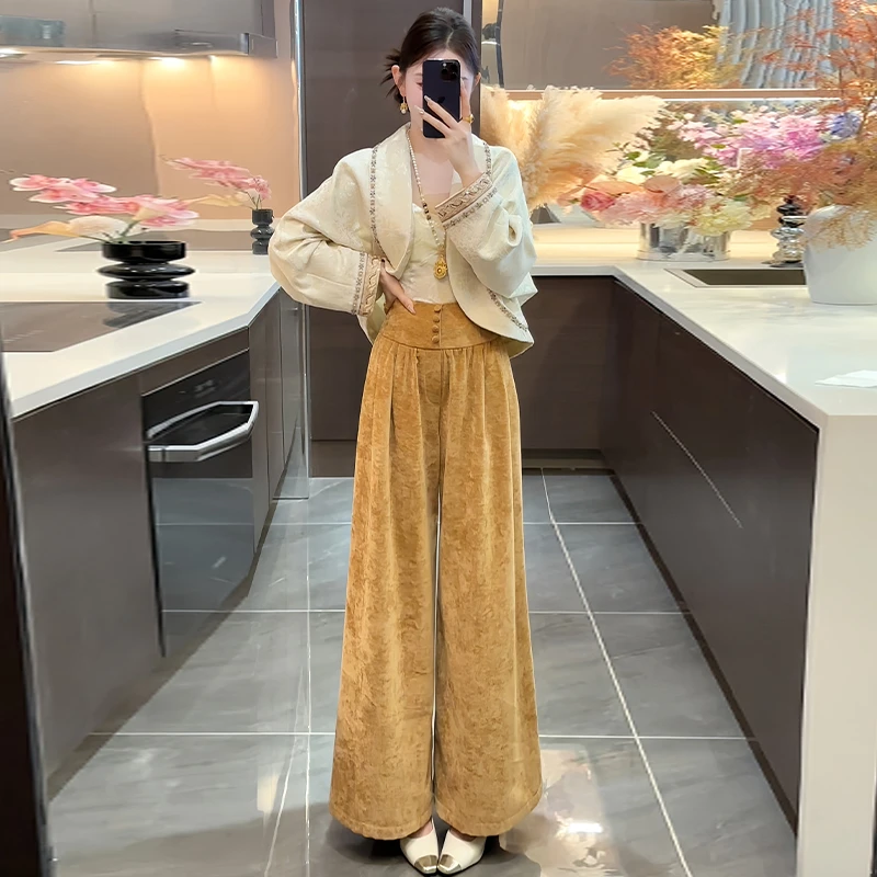 新中式提花刺绣休闲套装女2026年春秋新款外套高腰阔腿裤两件套