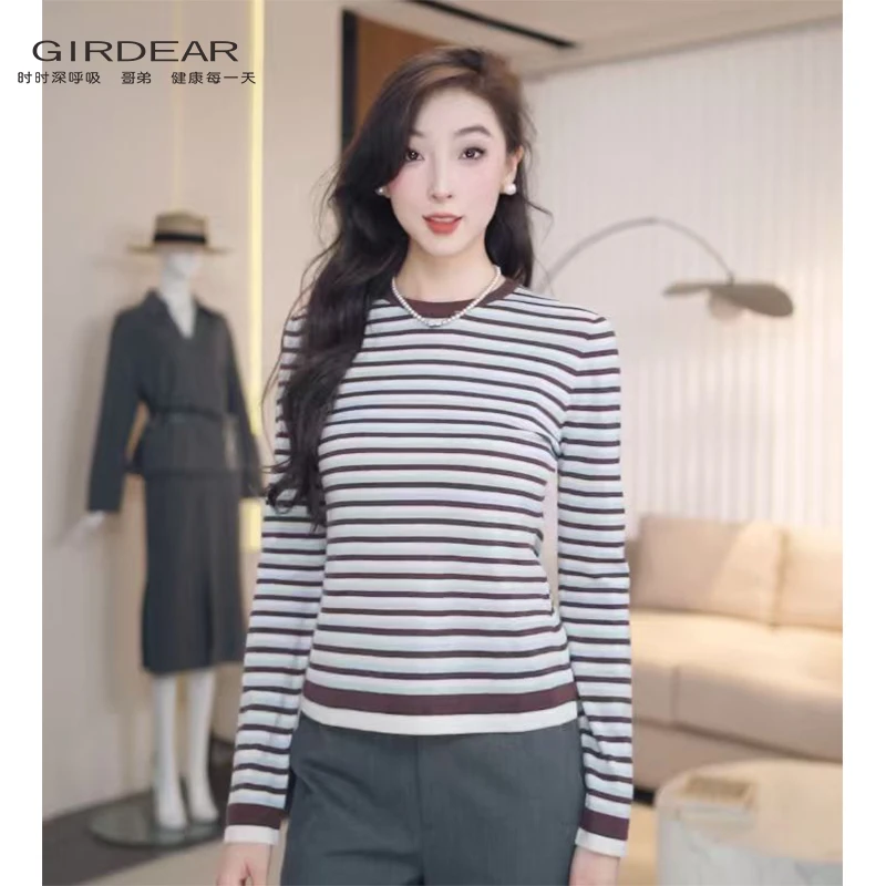GIRDEAR/哥弟秋冬新款经典休闲百搭圆领羊毛条纹套头针织138080