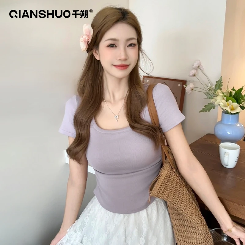 千朔正肩方领锁骨收腰短袖t恤女螺纹修身褶皱简约短款短袖T恤上衣