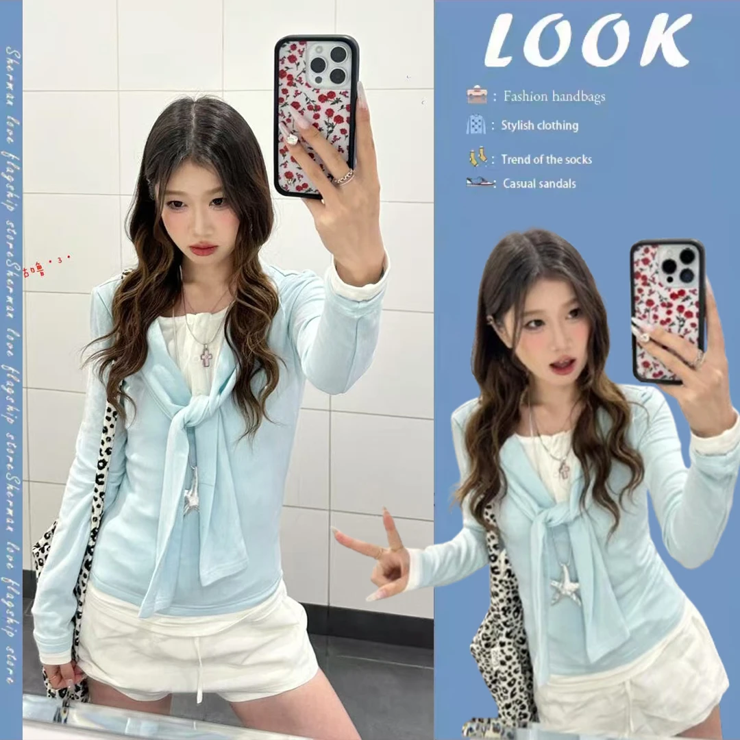 2025春季新款时尚气质假两件拼接上衣长袖百搭休闲A字短裙两件套