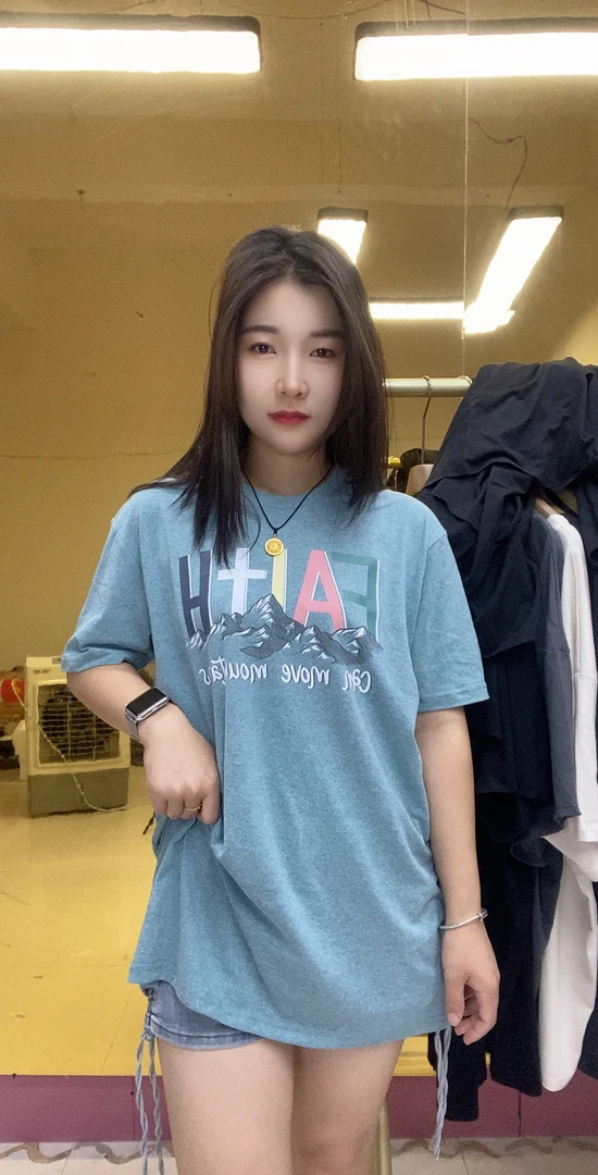 外贸大码纯棉T恤洗水做旧豆绿色