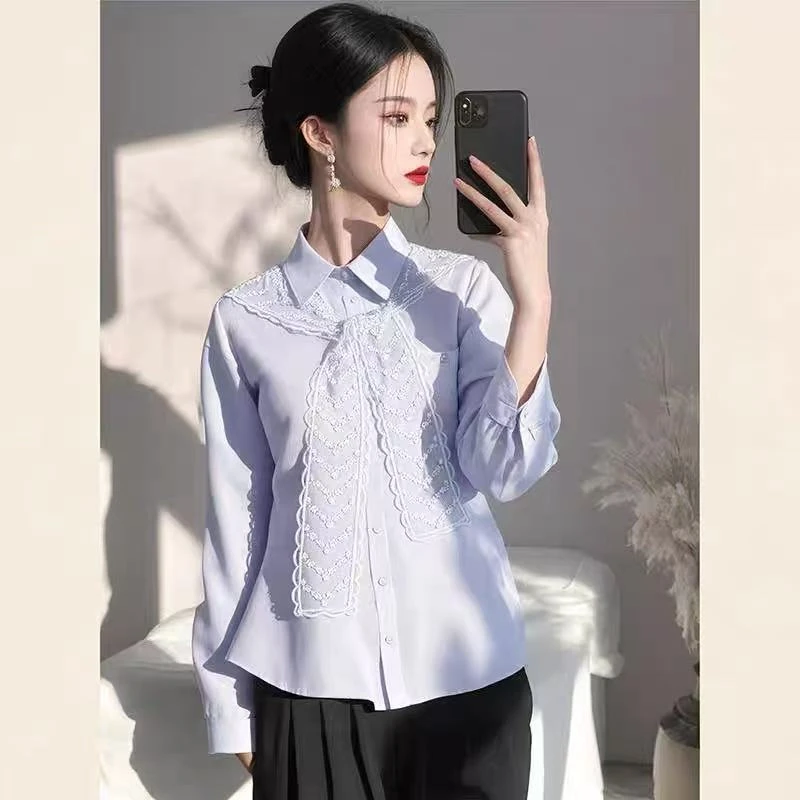 长袖蕾丝法式春季时尚衬衫过款链接