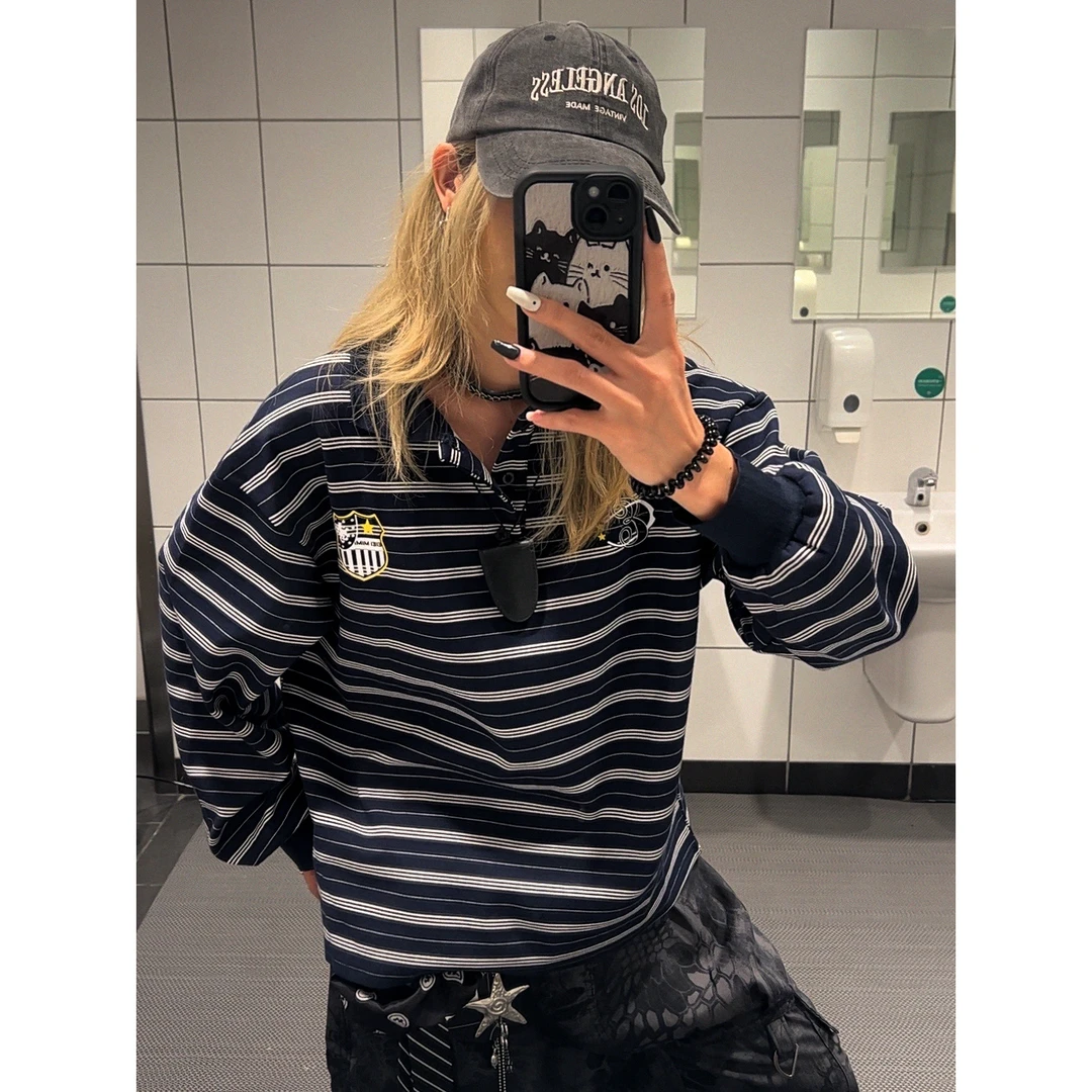 学院风徽章刺绣条纹polo领卫衣宽松休闲百搭长袖T恤辣妹甜酷上衣